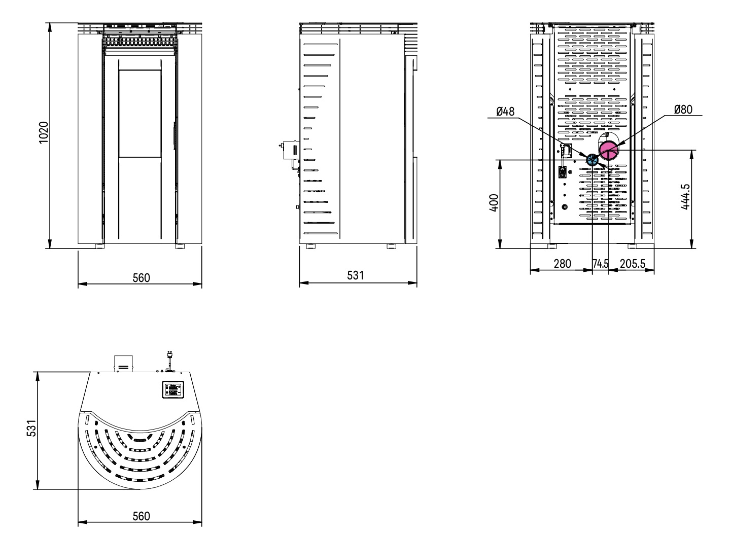 disegno tecnico stufa pellet - baldo